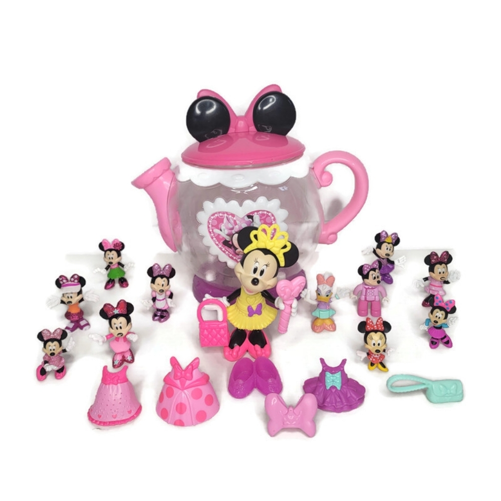 Disney Minnie mouse toy figurine lot. Many figurines and storage teapot.